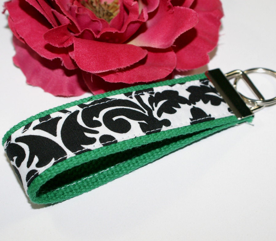 Black & White Damask on Kelly Green Wristlet / Key Fob / Keychain