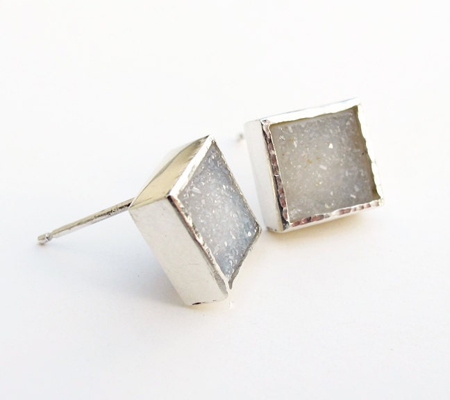 White Drusy Crystal Square Earrings Sterling Post