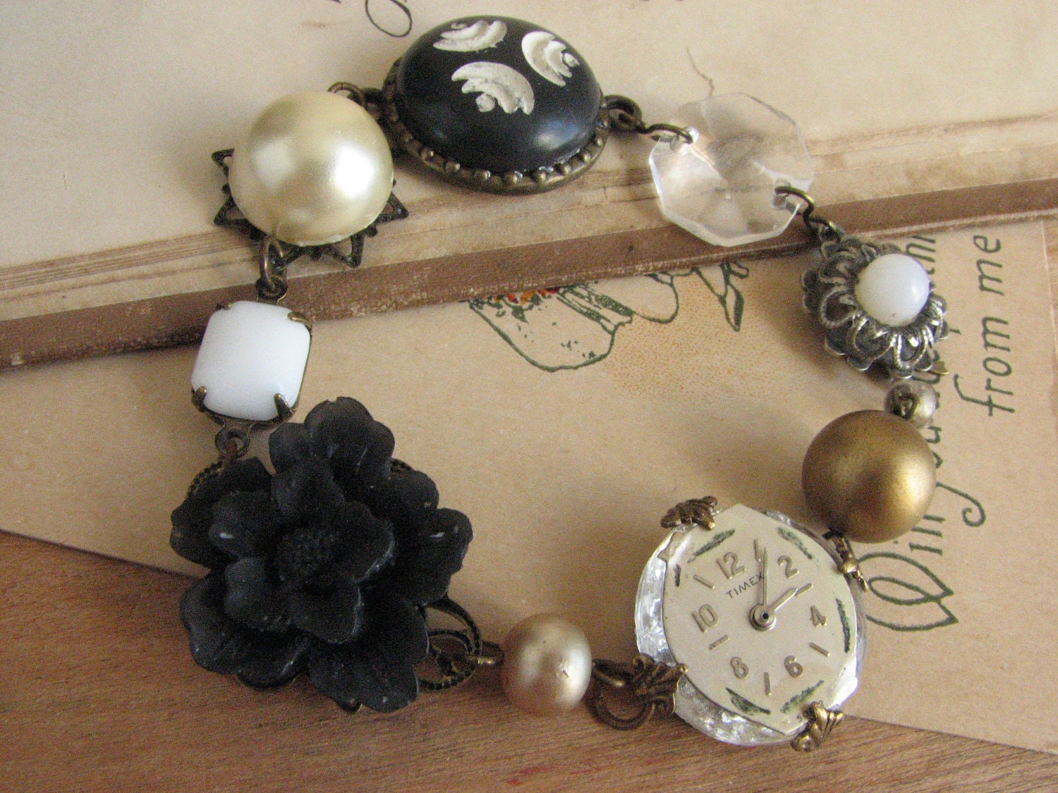 Black and White Assemblage Bracelet -shabby chic vintage buttons and watch face-