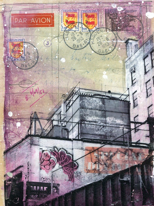 Hurricane Sandy Relief - Fences and Flowers - matted 6" x 8" original New York City mixed media painting on paper