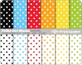 Polka Dot Mania Paper Pack (12 Sheets) - BUY 2 GET 2 FREE - Personal and Commercial Use - green blue red orange white yellow blackdots