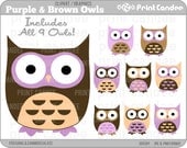 Cute Owls (Purple & Brown) - BUY 2 GET 2 FREE - Digital Clip Art - Personal and Commercial Use - birthday party, cupcake topper