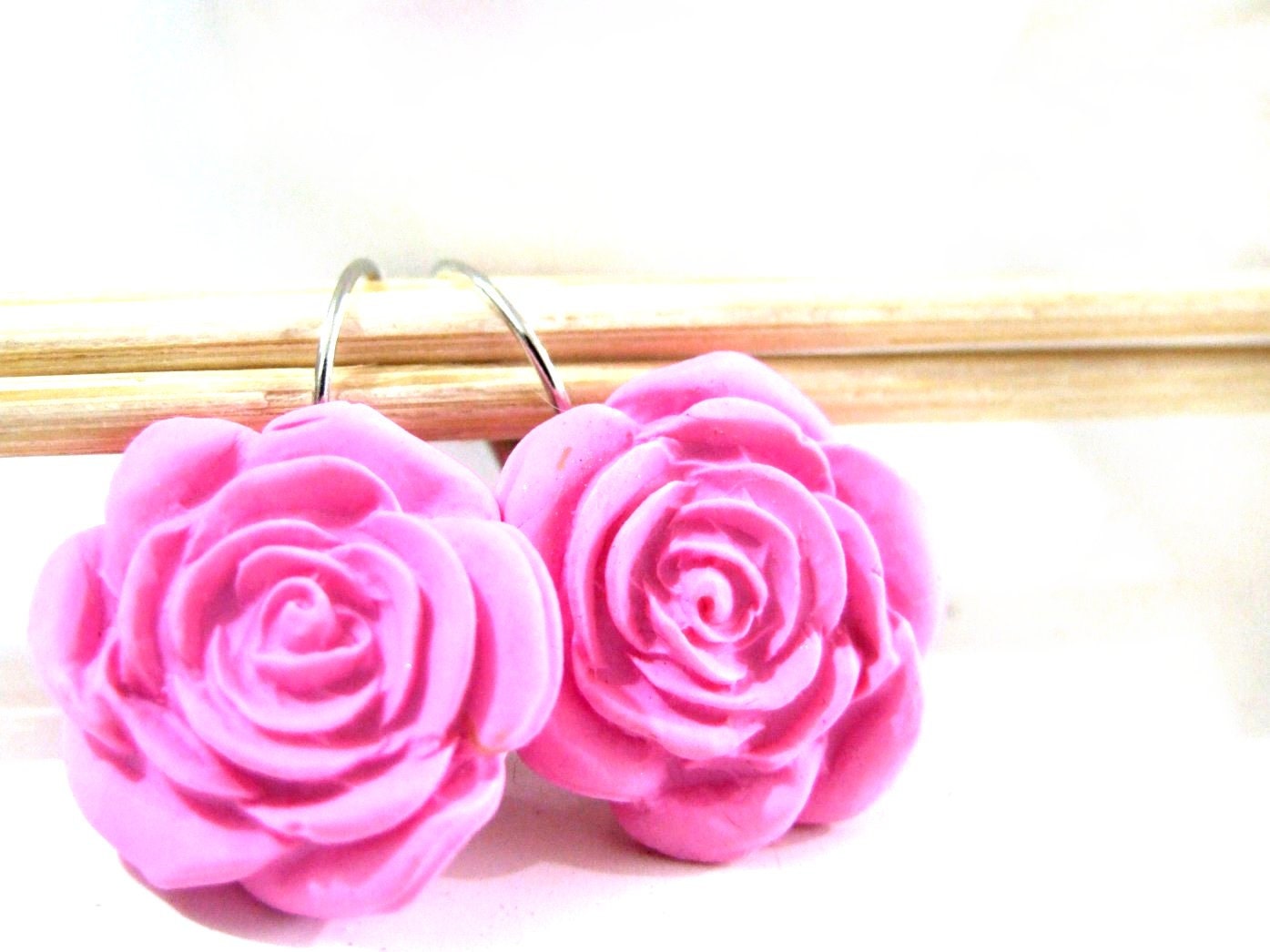 Big baby pink polymer clay rose silver earrings