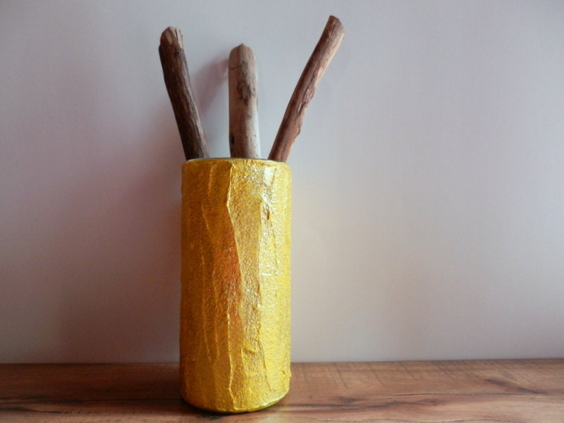 Yellow Vase / Gold Glitter / yellow home decor