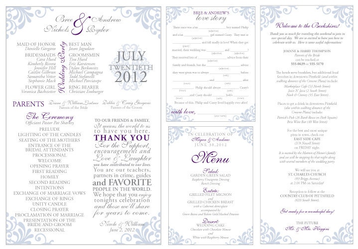 Shabby Chic DIY Wedding Set - Program, Menu, Hotel Card & Mad Libs