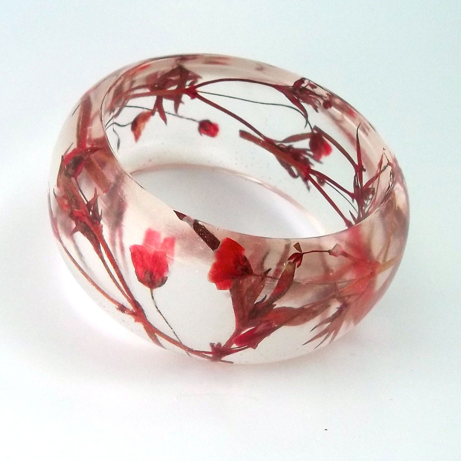 Red Resin Bracelet.  Chunky Bangle Bracelet with Pressed Flowers.  Real Flowers - Giant Red Baby's Breath.  Contemporary Botanical Jewelry.