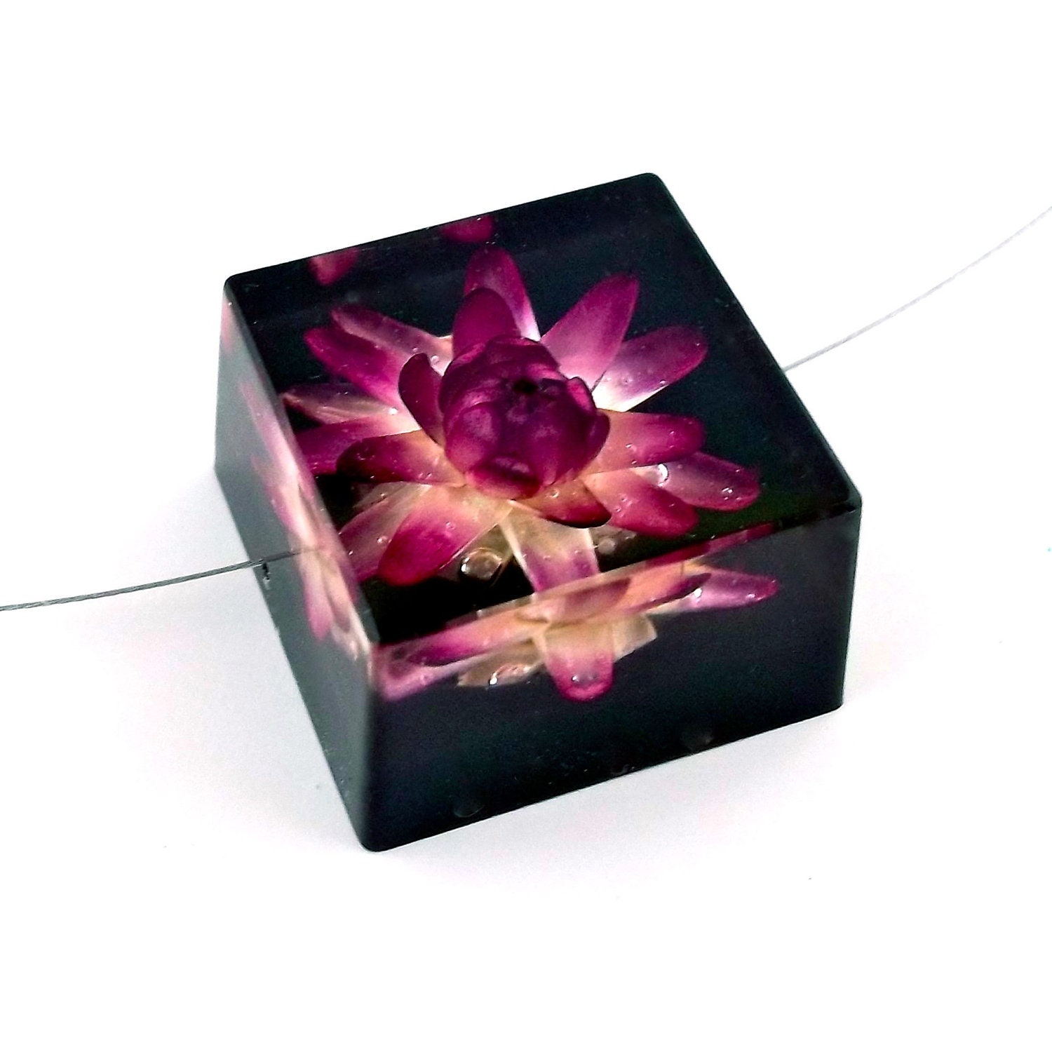 Purple Strawflower set into Black Resin Cube.  Elegant Contemporary Jewelry.  Black Botanical Resin Necklace.   Real Flower.