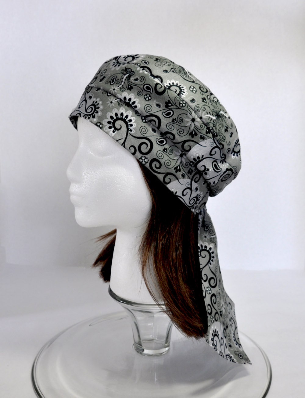 Headwrap Beret Tam - Cancer Hat Chemo Cap for Hair Loss and Alopecia- Black Silver Print