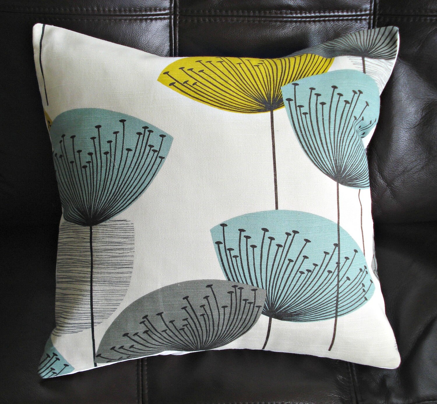 Decorative pillow yellow teal blue grey gray dandelion by VeeDubz