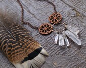 Branwen. The White Raven. Carved wood and quartz crystal fringe bohemian rustic necklace