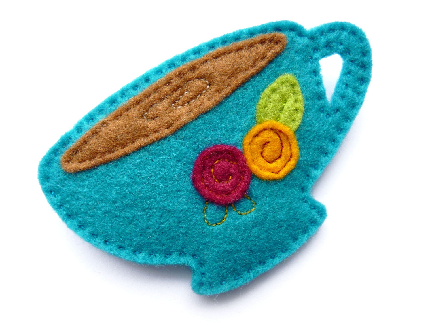 Turquoise Felt Teacup Brooch - Blue Teacup with Yellow and Pink Flowers - Mother's Day Gift / Gift for Her