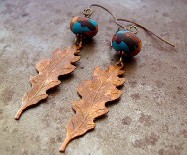 Oak Leaf Earrings with Teal Bittersweet Beads.