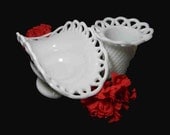 White Milk Glass Banana Bowl and Vase. Wedding Collection. Home and Office Decor. Vintage. 2839