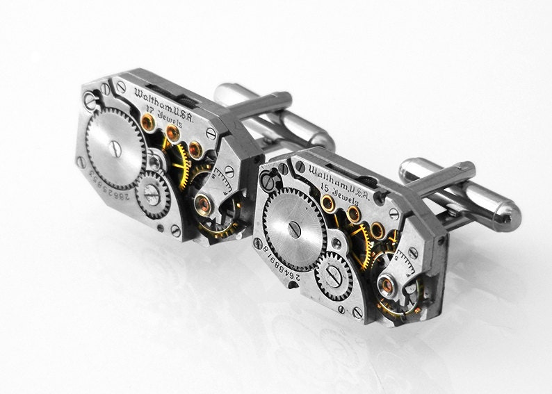 Steampunk Cuff Links, Vintage Waltham Watch Movements - Wedding Cuff Links