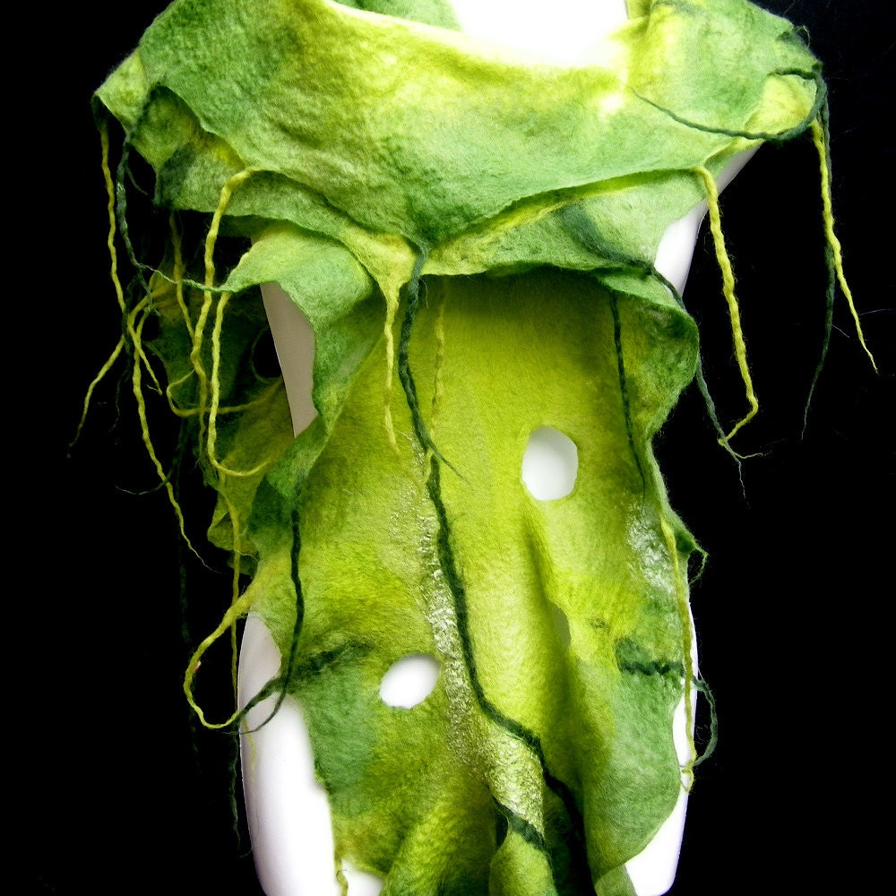 CUSTOM ORDER Felted Scarf Ruffle Lime Green Moss Green Holes Tassels Fringe Woodland Fairy Merino Wool Boho Style