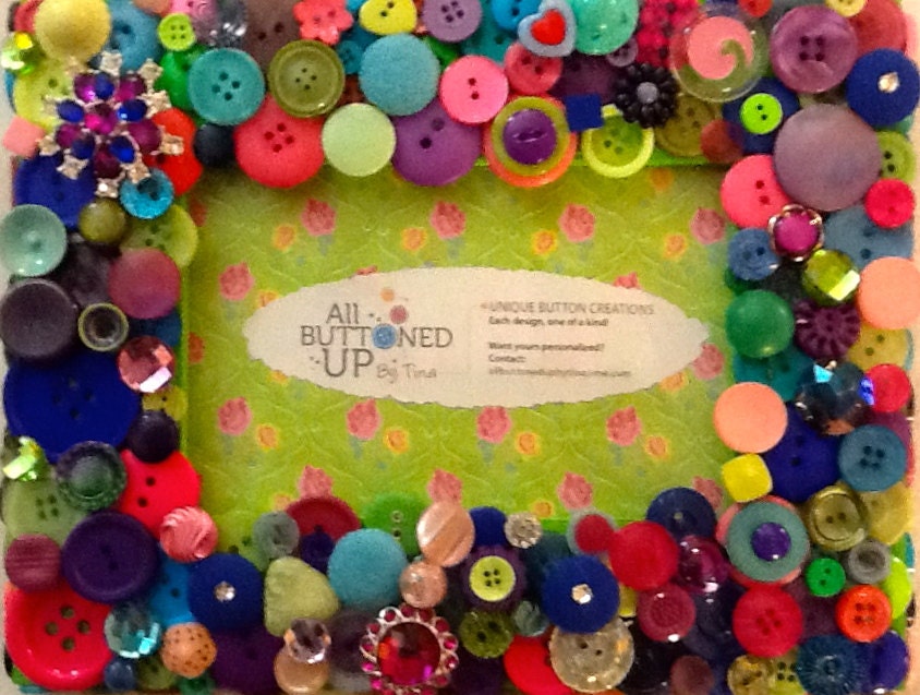 Bright Pastel Button Picture Frame for 4"x6" Photo in Shades of Lime, Blue, Pink & Purple