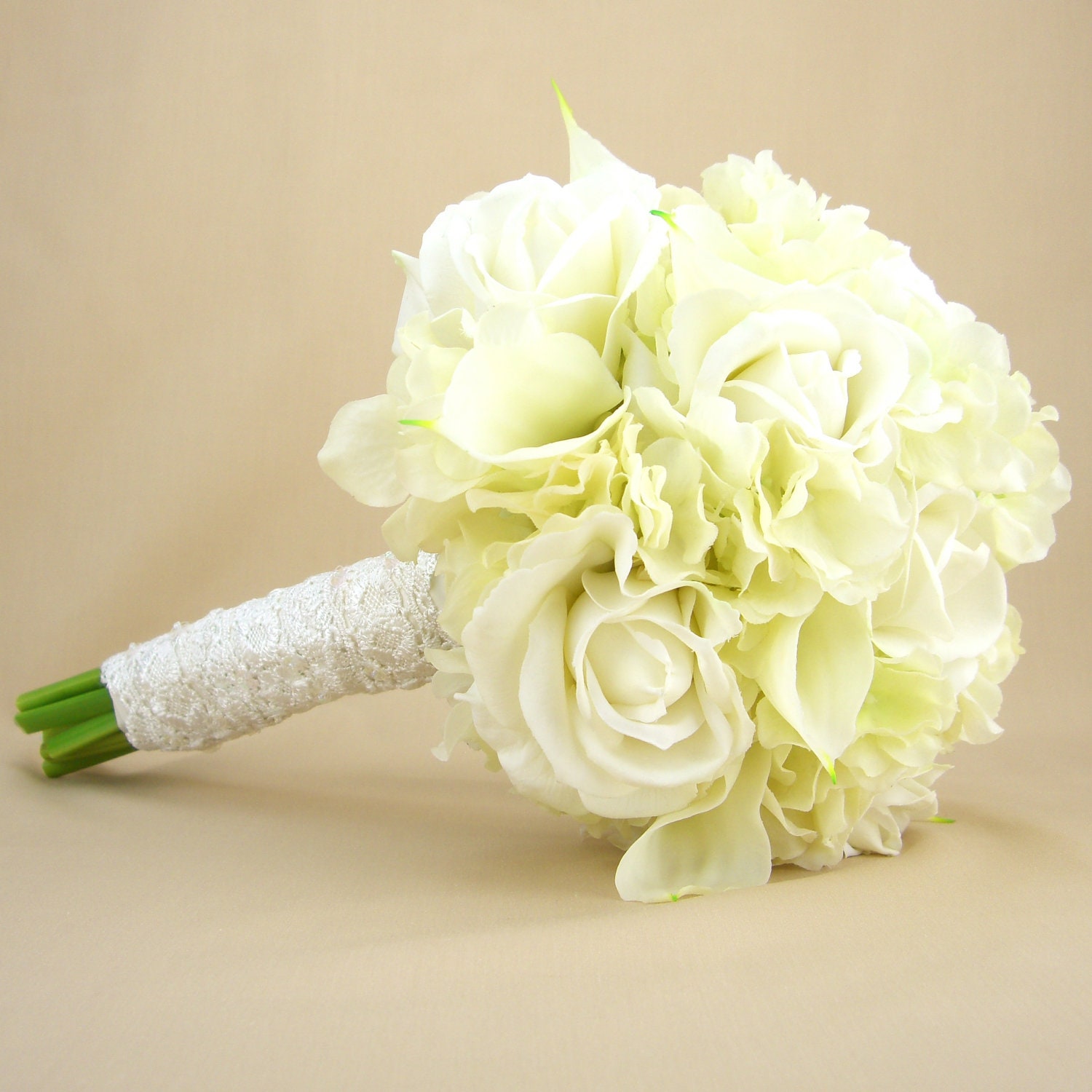 White Bridal Bouquet Real Touch Roses Hydrangeas Calla Lilies Silk Wedding Flowers