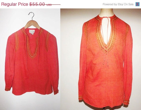 Sale Vintage 1970s Embroidered Blouse/ Boho Blouse  / Orange Peasant Blouse / Treacy Lowe Blouse / 70s Cotton Peasant Blouse
