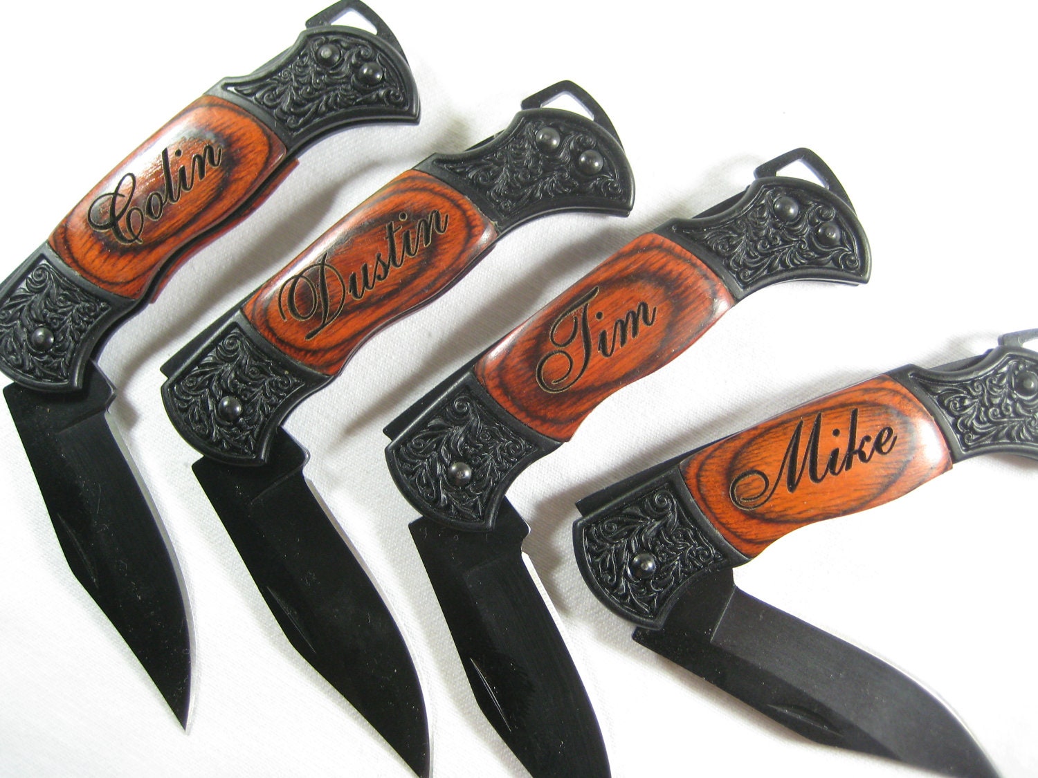 4 Engraved Black Decor Folding Pocket Knives Personalized Groomsman Best Man Ring Bearer Father of the Bride Gift Wedding Gift Keepsake