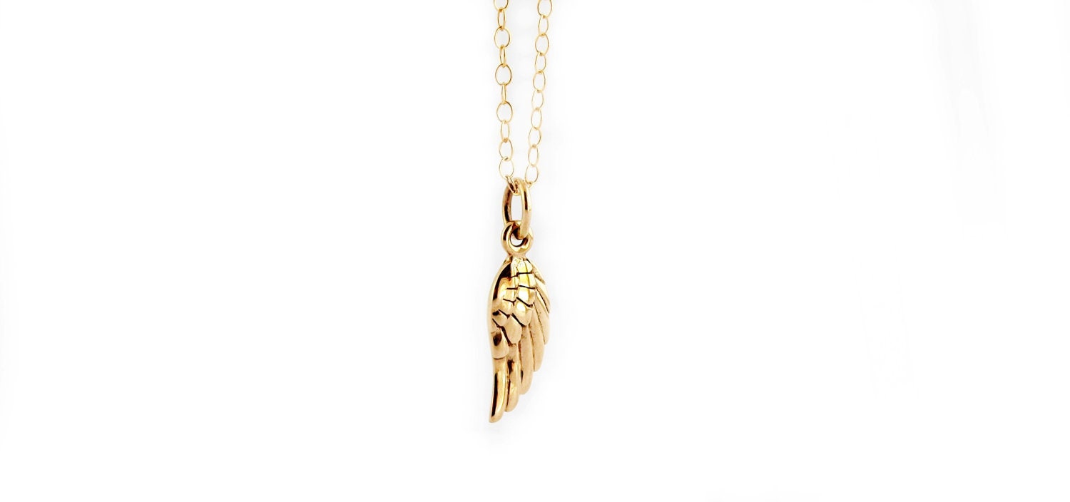 Gold Angel Wing Necklace - Dainty Bronze Wing on Gold Filled Chain