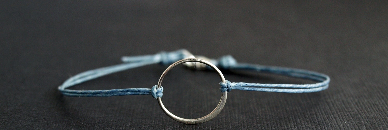 Silver Circle Bracelet in Sterling Silver and Denim Irish Linen
