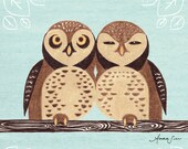 Spotted Owl, Owling Buddies Cute Children's Room, Nursery, Boy or Girl, Art Illustration Print, Brown and Blue