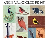 8 x 10 Size Poster Illustration Linocut Reproduction Fine Art Giclee Archival Print, Animals, Birds, Colorful