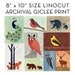 8 x 10 Size Poster Illustration Linocut Reproduction Fine Art Giclee Archival Print, Animals, Birds, Colorful