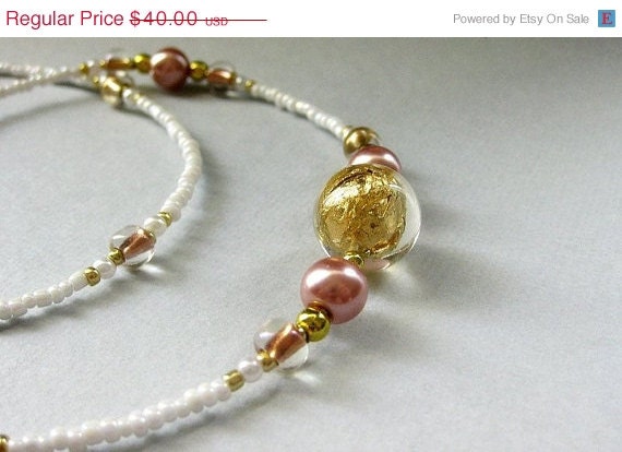 SUMMER SALE - Beaded Lanyard. Pearl Badge Holder in Soft Pink and Gold. Pearl Elegance . Handmade Lanyard.