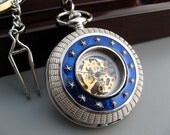 Blue Star Silver Roman Mechanical Pocket Watch with Watch Chain - Engravable Back - Victorian Steampunk - Groomsmen Gift - Item MPW198a