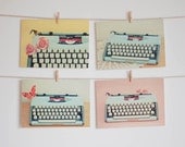The Typewriter - Typewriter photography, affordable art, retro postcards, preppy, mustard yellow, pink and blue - Set of Four Postcards