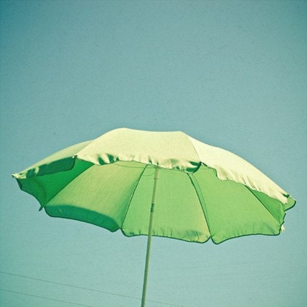 Beach photograph - Holiday, seaside vacation, parasol, lime green umbrella, home decor - Green Parasol 8x8" Print