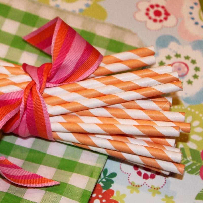 Paper Straws, 25 Vintage Orange Striped Paper Straws with DIY Flags, Carnival, Wedding, Birthday