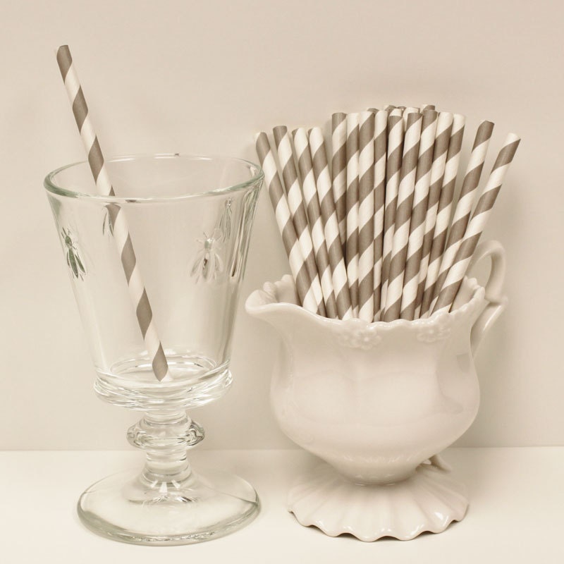 Paper Straws, 25 Grey Striped Cocktail Paper Drinking Straws with DIY flags, Drink Stirrers, Sip & Stir Straws