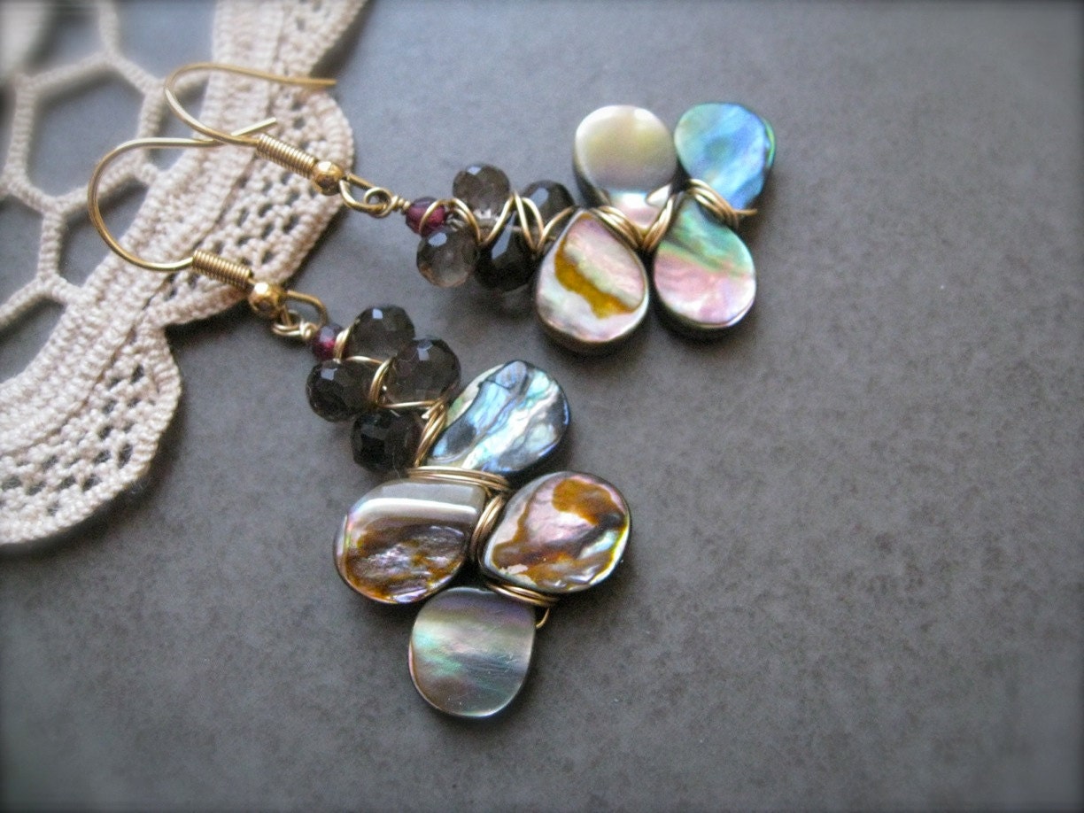 Mother of Pearl Earrings , Smokey quartz Earrings , Taupe earrings