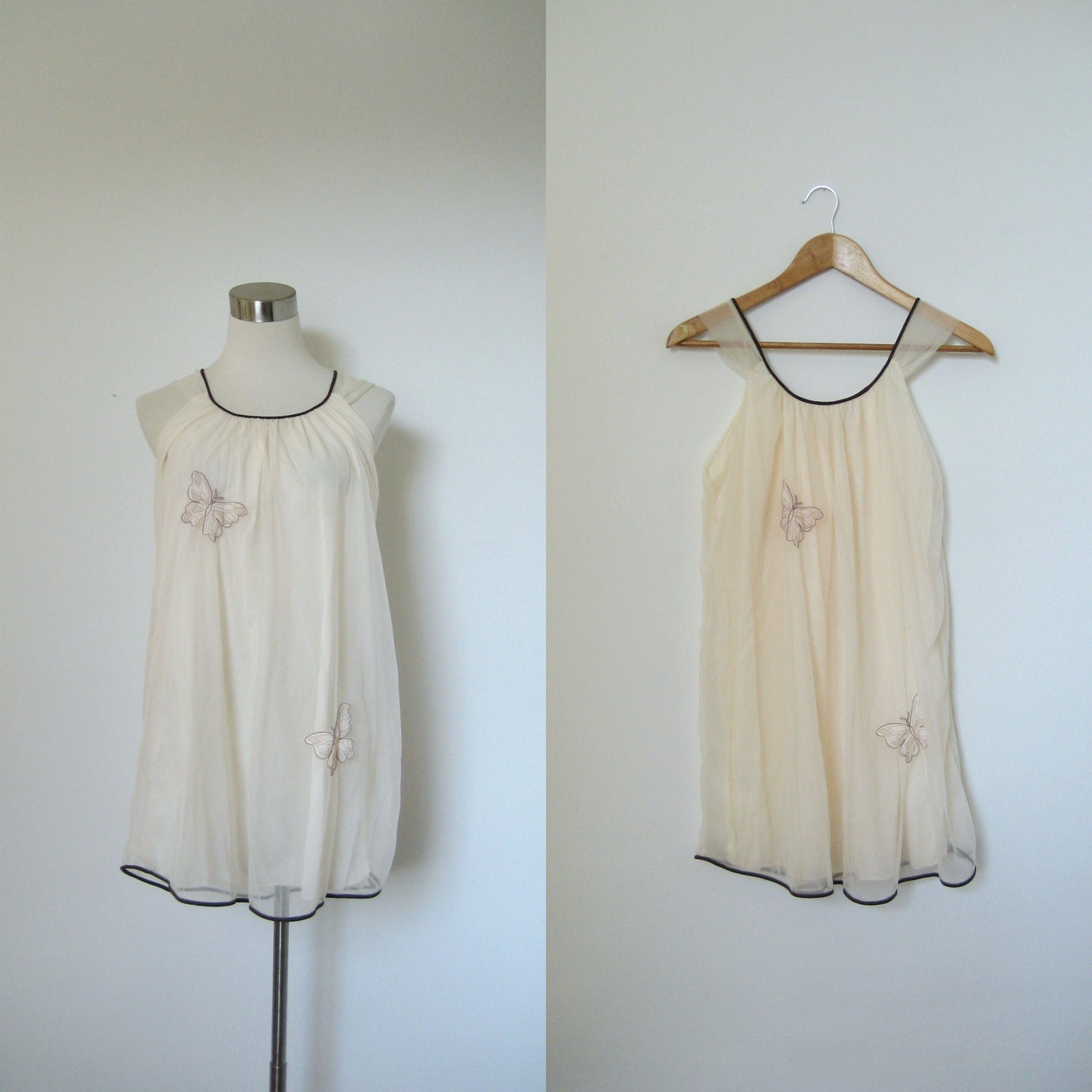 1960s Nightie / 60s Cream and Brown Babydoll Negligee / Butterfly Appliqué (small medium)
