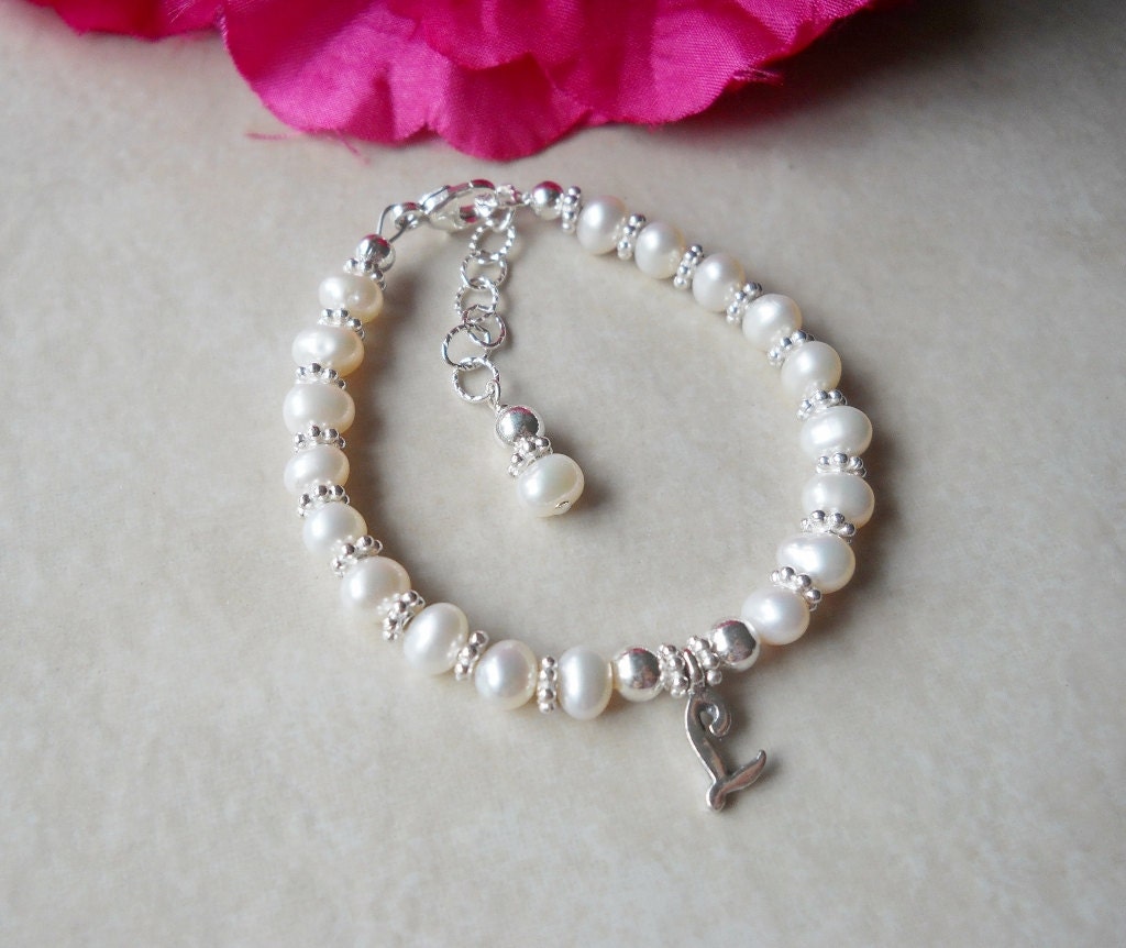 Two Years and Older Sterling and Freshwater Pearl Child Initial Bracelet B211
