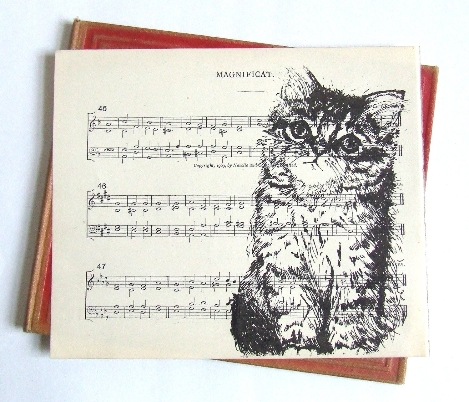 Cat Print Magnificat Gocco Print on Vintage Sheet Music Limited Edition