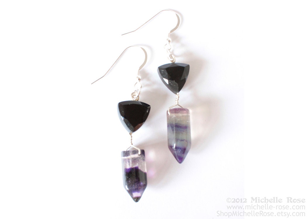 Black Onyx & Fluorite Earrings - Geometric Gemstone Jewelry - Stone Triangle Earrings - Sterling Silver - Faceted Point
