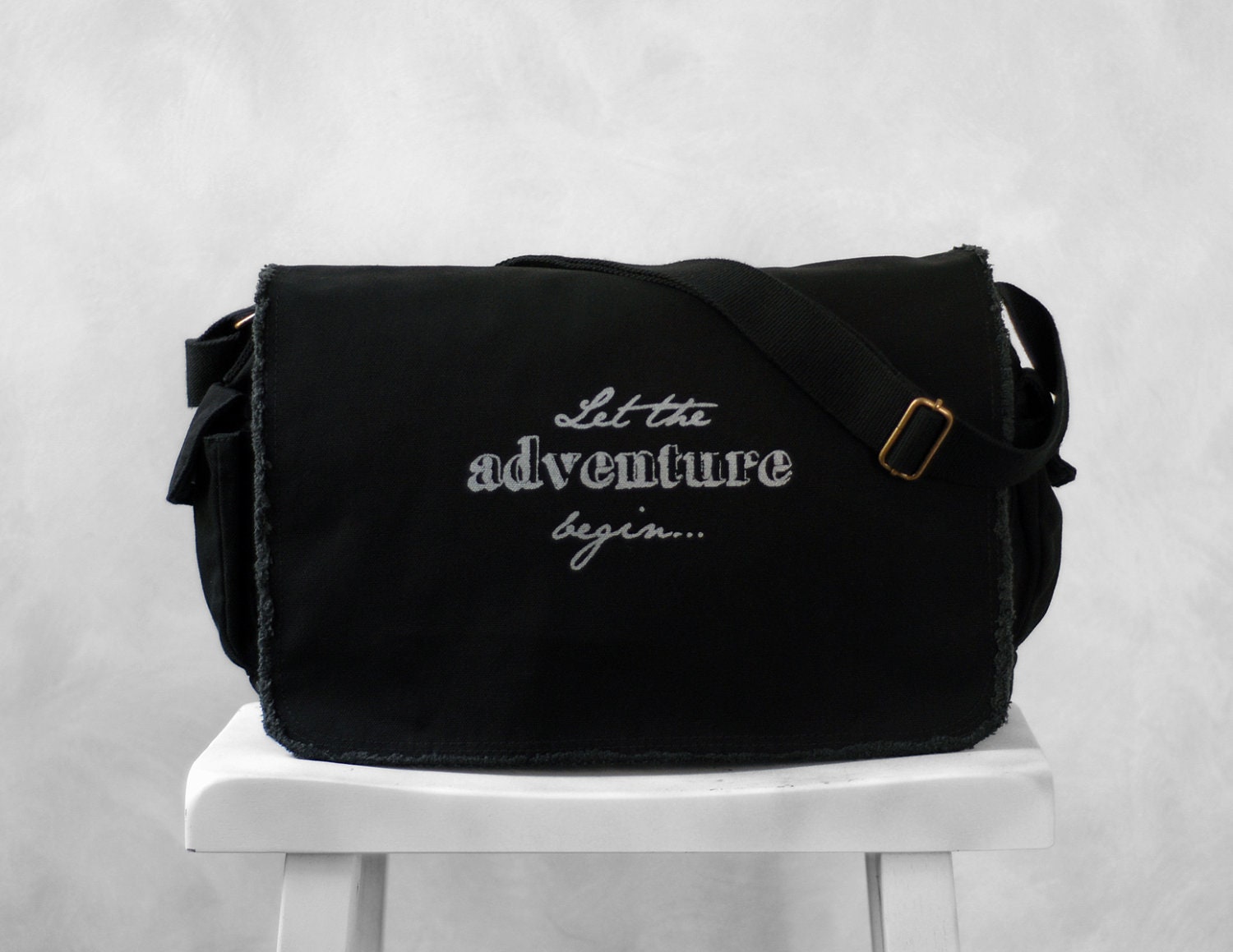 Messenger Bag - Let the Adventure Begin... - School Bag - Black - Canvas Bag