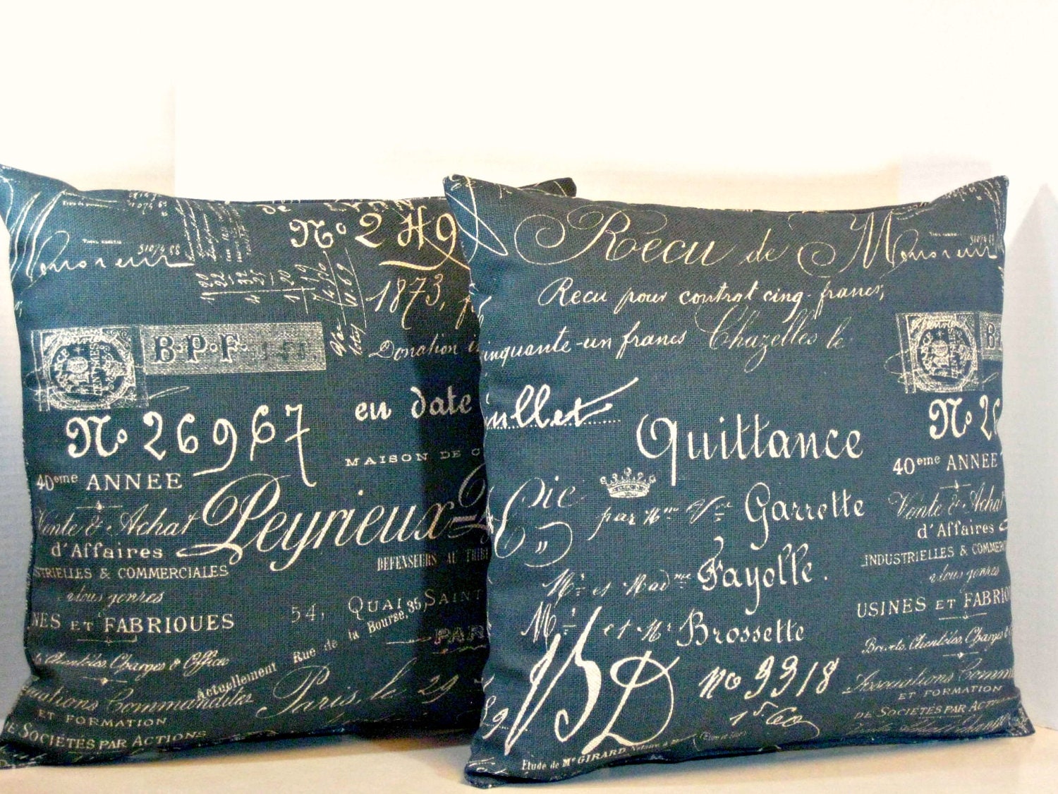 Pair of Pillows 16 Inch Ink Blue Paris Document Script Fabric