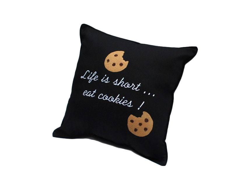 Life is Short Eat Cookie Black Cotton Appliqued Pillow