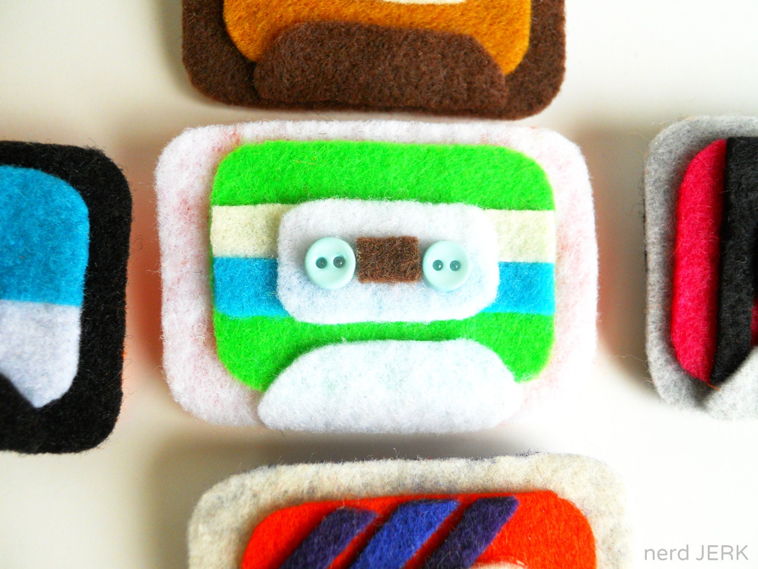 Felt Mix Tape Brooch - The Jogger - Green and Blue on White Felt embellished with Mini Buttons