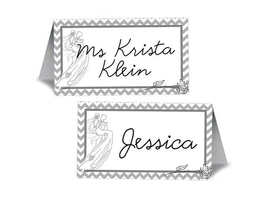 12 Blank Table Tent Place Cards, Bridal Shower, Wedding, Chevron, Grey, Bride & Groom Il_570xn