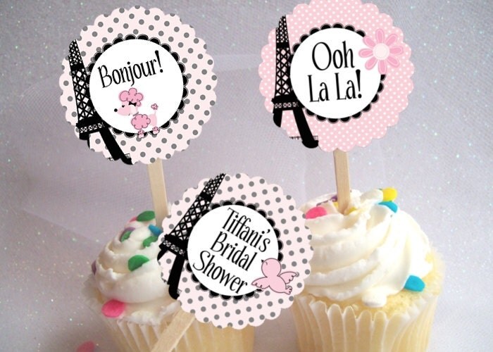 24 Cupcake Picks, Toppers, French Poodle, Eiffel Tower, Wedding ...