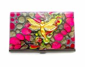 Business Card Case Metal Id Wallet Fairy Embellished on Hand Painted Fuchsia and Gray Metal Card Holder Case Enamel Finish Customizable