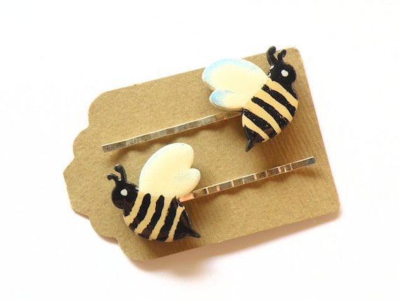 Country bobby pins - Wooden bee hair pins - SET OF 2 - Funny bees thorugh your hair