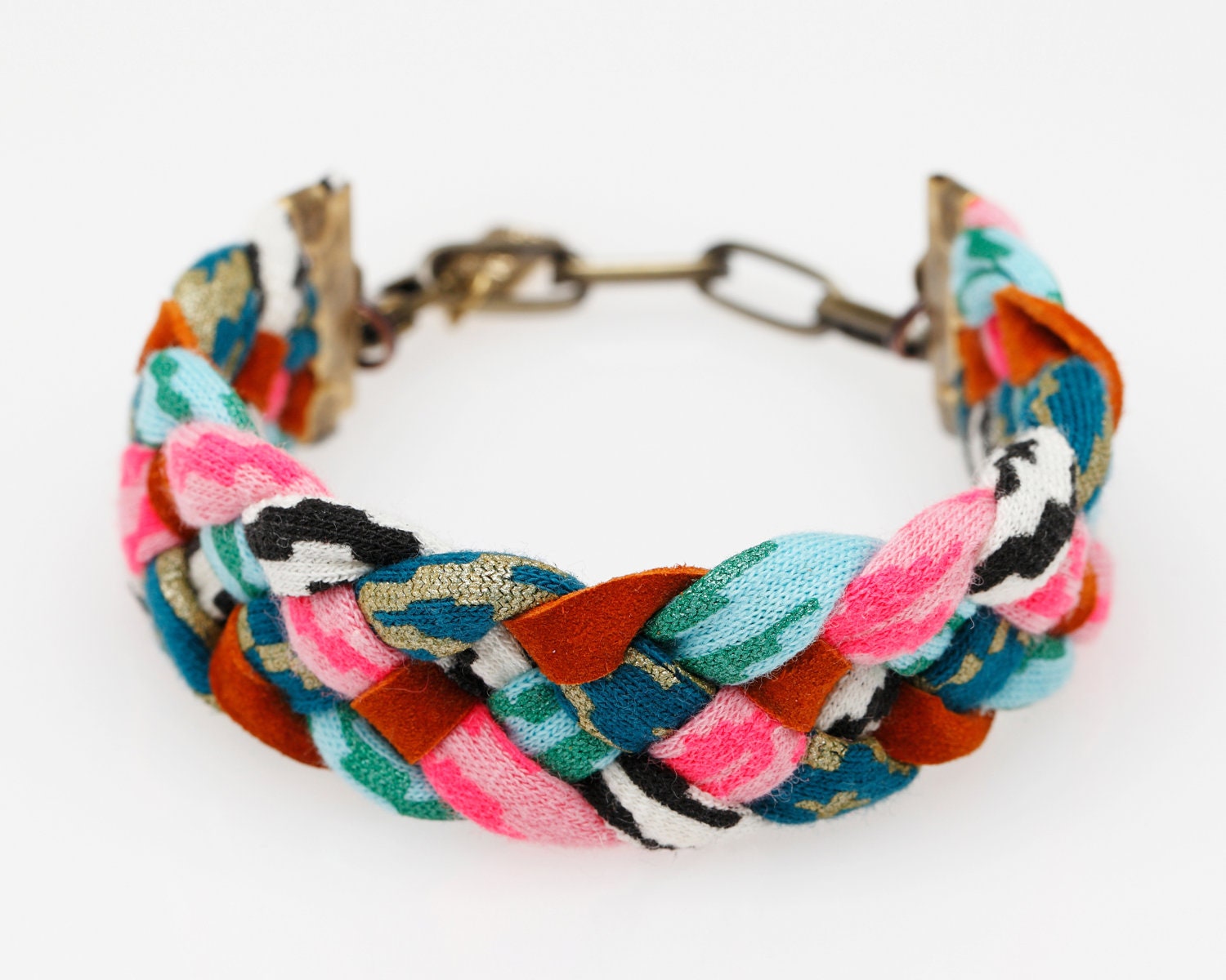 Braided Fabric Bracelet in Mint and Hot Pink