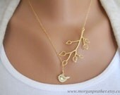 Bud Branch and Little Bird Lariat - Gold Dainty Pendants - Gold Filled Fine chain - morganprather