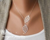 SALE - Leaf Lariat - silver grey white dainty leaf pendants - sterling silver chain - morganprather